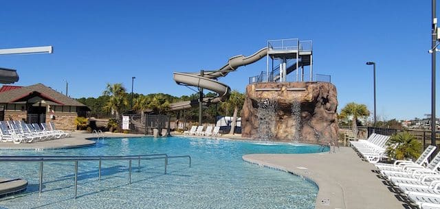 A shot of the pool and water slide