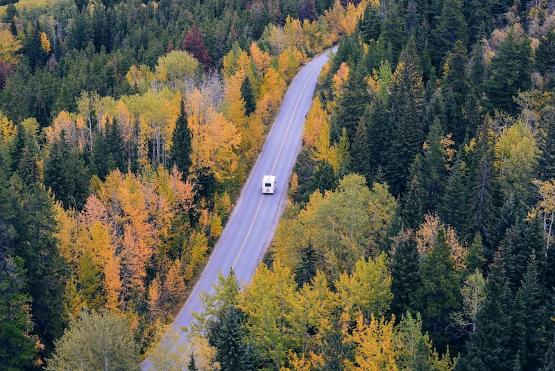 Drone shot of an RV on the road