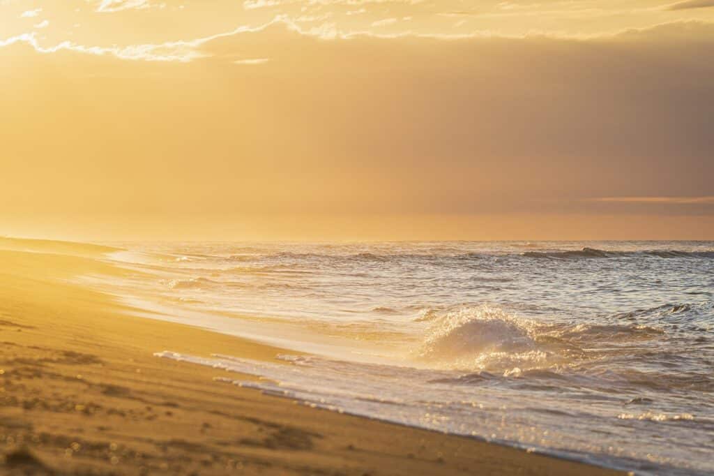 beach, sunrise, sea, shore, sand, sandy beach, seashore, coast, coastline, nature, shoreline, waves, ocean waves, seascape, horizon, sunset, dusk, dawn, twilight, ocean, water, sky, tropical