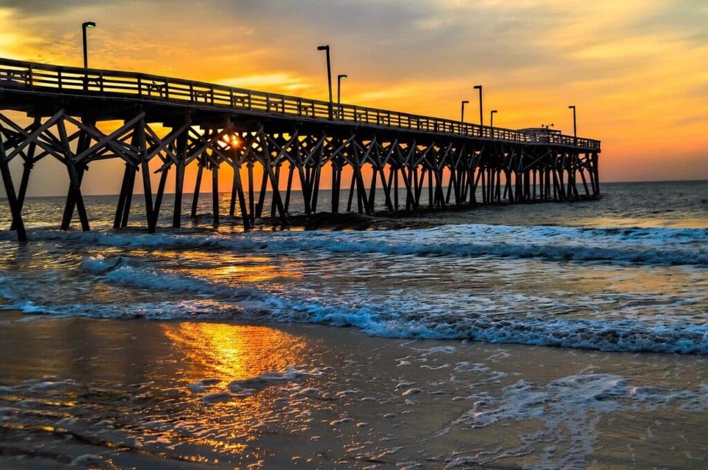 dock, ocean, sunrise, pier, beach, water, nature, vacation, sky, nautical, summer, relax, holiday, landscape, myrtle, tranquil, reflection, calm