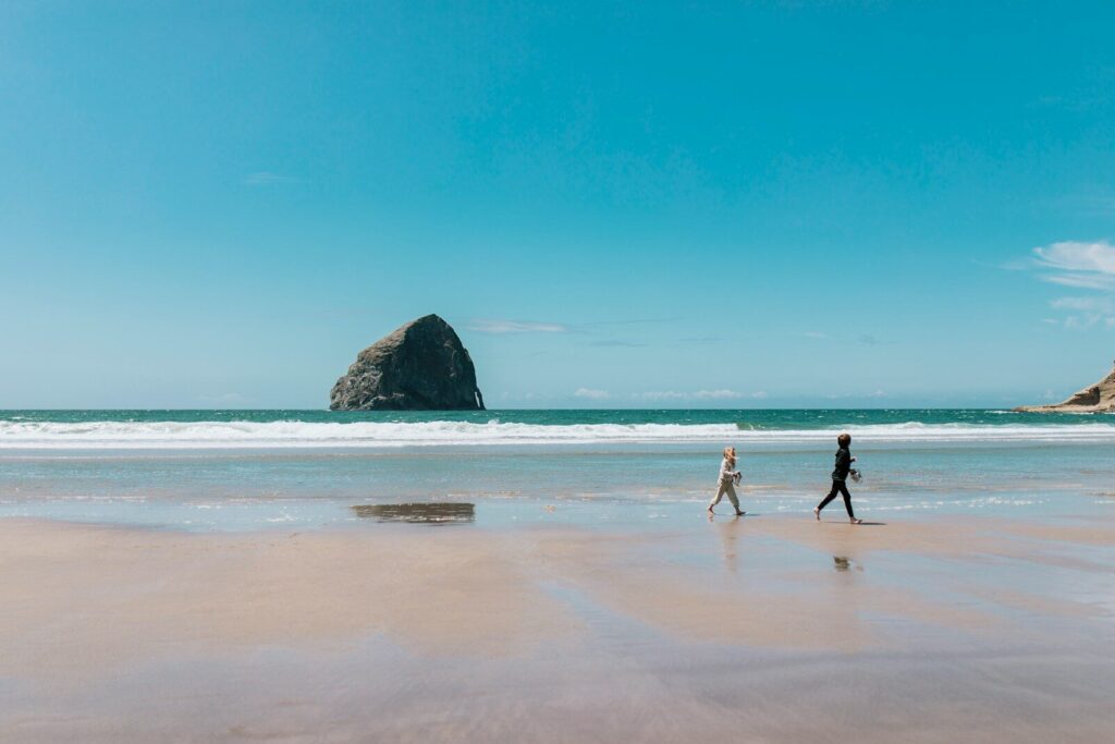 a couple of people walking across a sandy beach